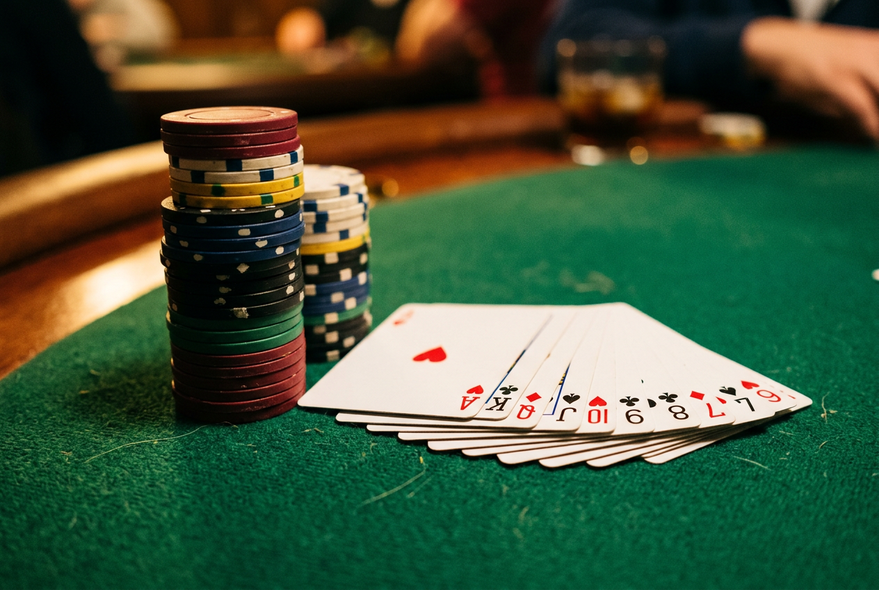 Detailní záběr na vyskládané pokerové žetony různých barev a vějíř hracích karet na zeleném plátně