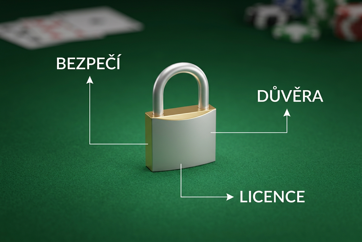 Symboly bezpečnosti a zodpovědného hraní na pozadí kasinové plsti