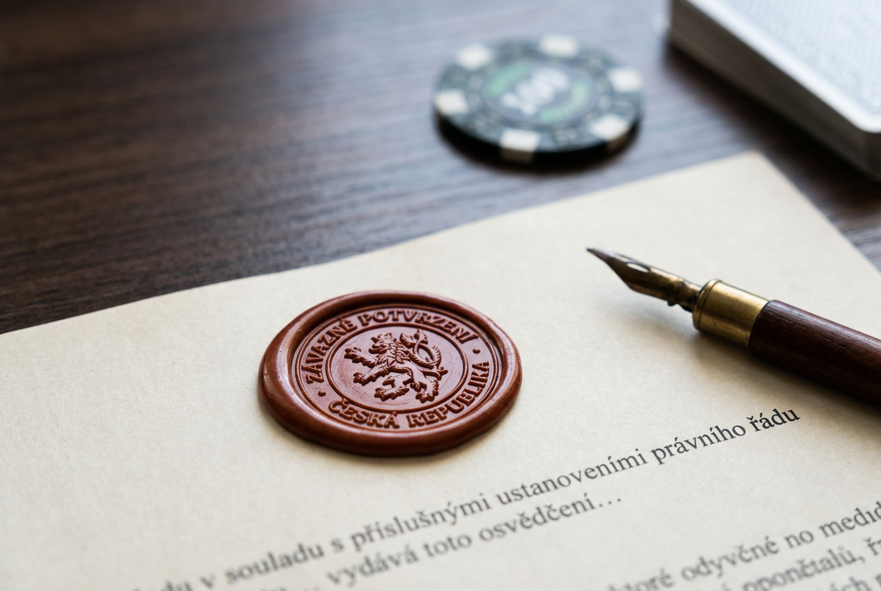 Detailní záběr na oficiální pečeť a dokumenty představující bezpečnostní certifikaci